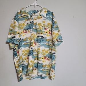 John Blair Camp Shirt Mens XL Blue White Hawaiian Short Sleeve Vintage Button Up